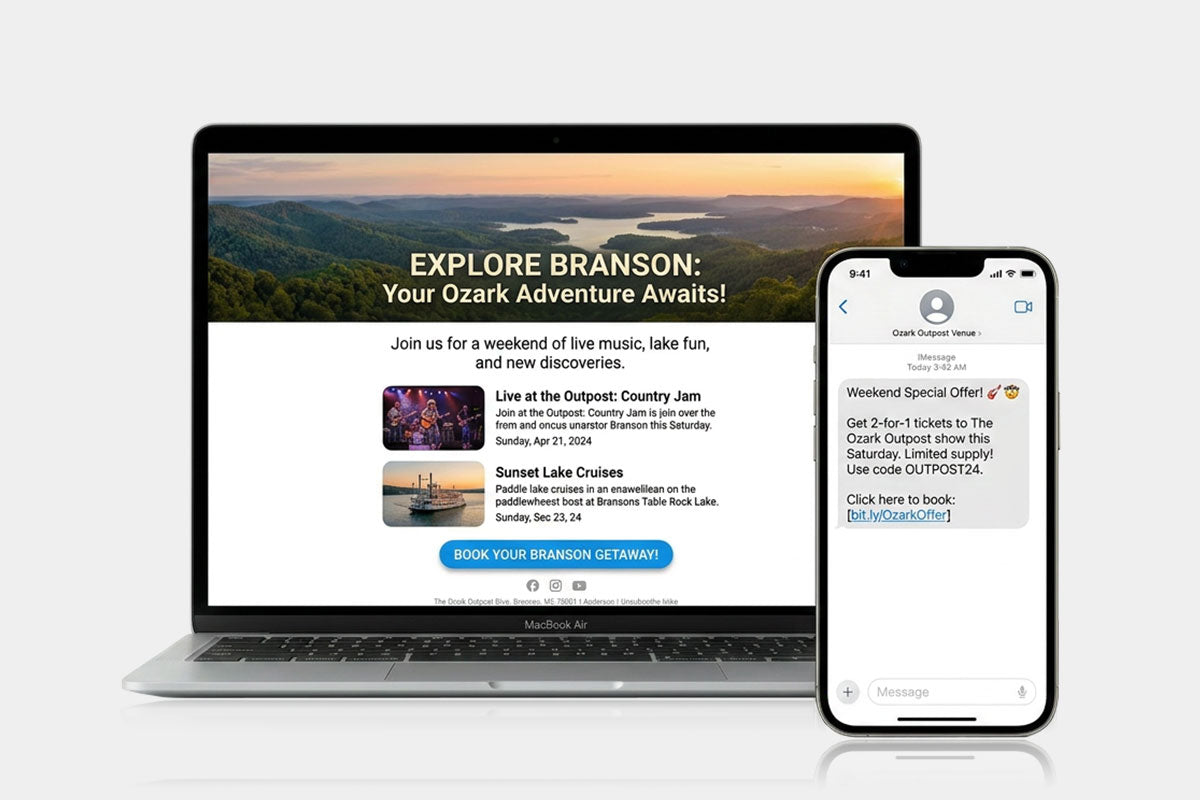 Image showing email of exploring Branson MO, with an image of a phone showing an SMS marketing message.